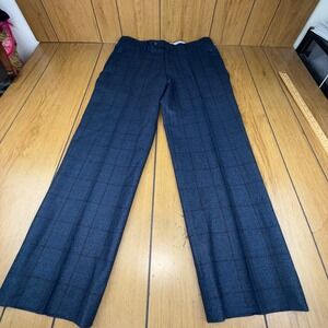 Berle Mens Plaid Dress Pants Size 33 R Navy Blue Flat Front Career